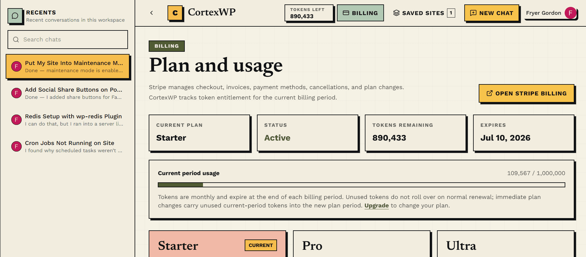 CortexWP WordPress AI pricing plans for connected-site debugging, maintenance, and approved backend work
