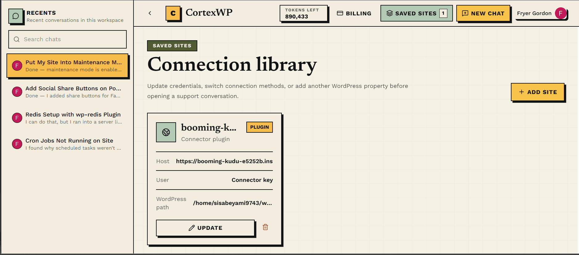 CortexWP WordPress AI dashboard showing connected-site debugging, logs, approvals, and engineering context